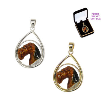 Airedale Terrier with Exclusive Overlay in Teardrop 14K Gold or Sterling Silver Jewelry, Charm, Necklace, Pendant
